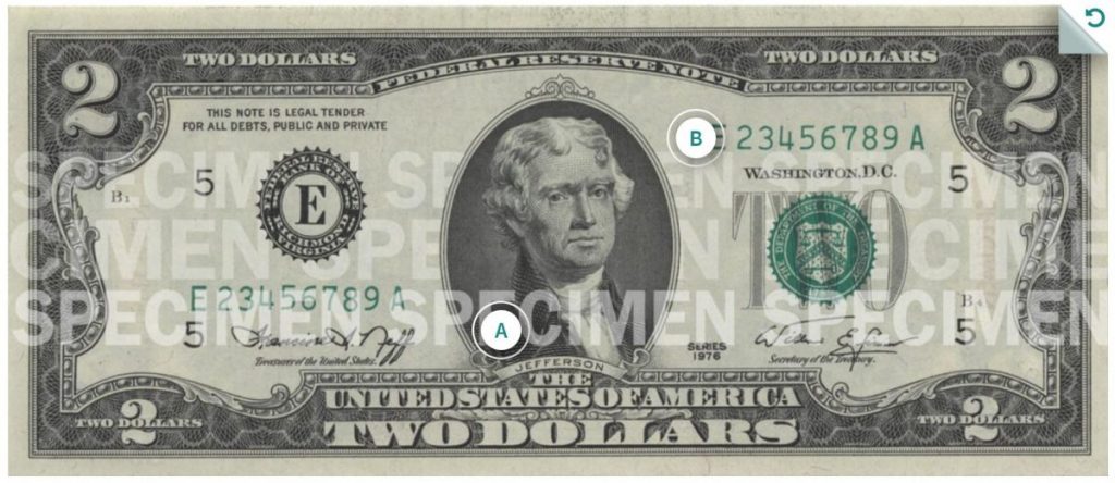Billete de 2 dólares americanos, dólar americano
