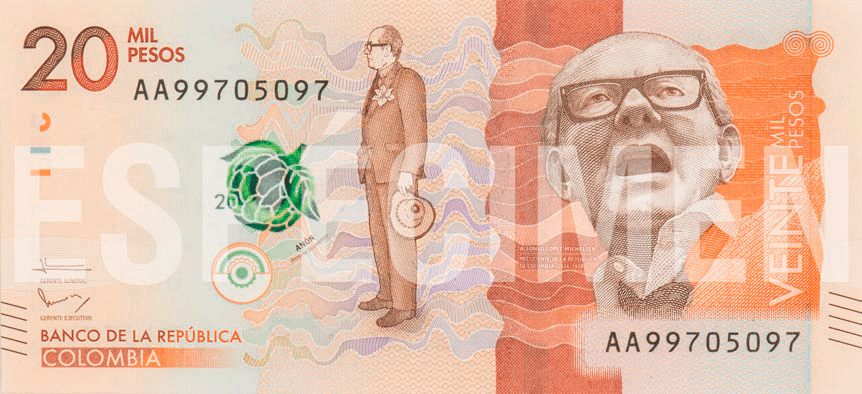 Billete de 20000 pesos colombianos anverso